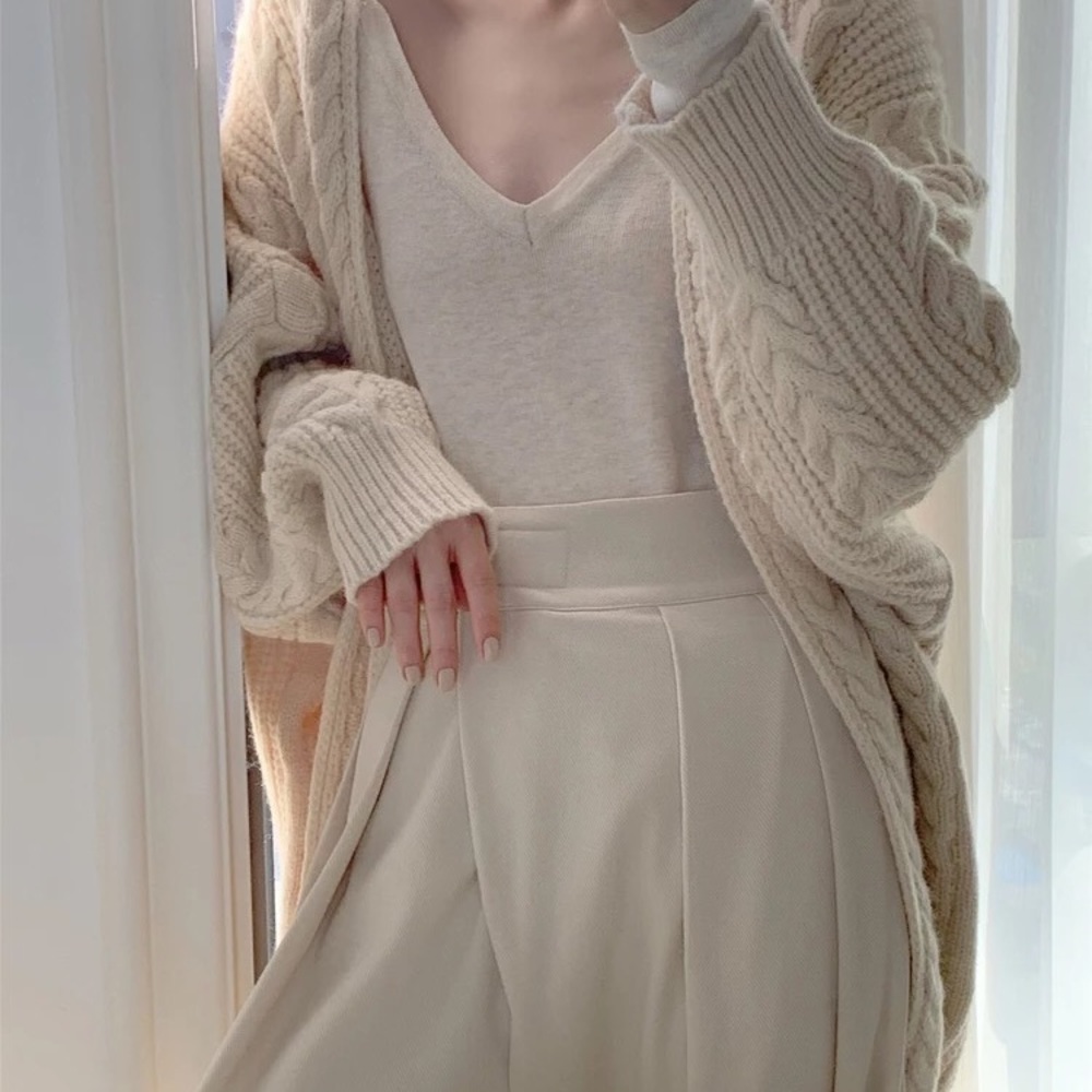 Twist cardigan sweater cable knit cream beige womens knit long sleeve - Picture 8 of 11